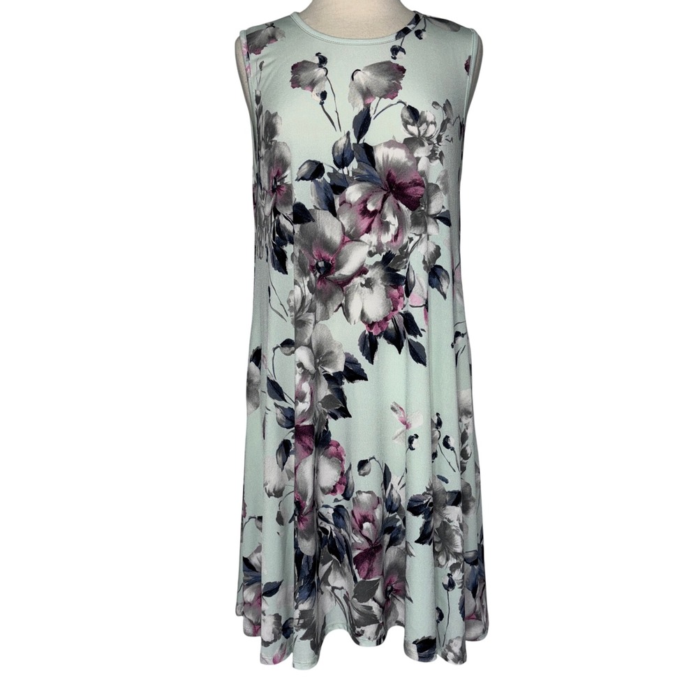 Vanilla Bay Floral Sleeveless Swing Dress Mint Green A-Line Pockets Women's M
